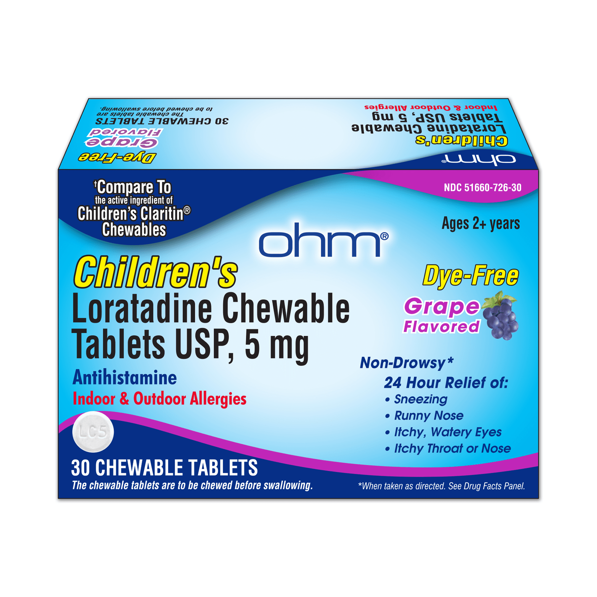 Ohm Children's Allergy Medicine, Loratadine 5mg, Chewable Tablets (30 Count) Grape Flavor, Non-Drowsy Antihistamine, 24-Hour Allergy Relief for Runny Nose, Watery Eyes, Itchy Throat & Nose