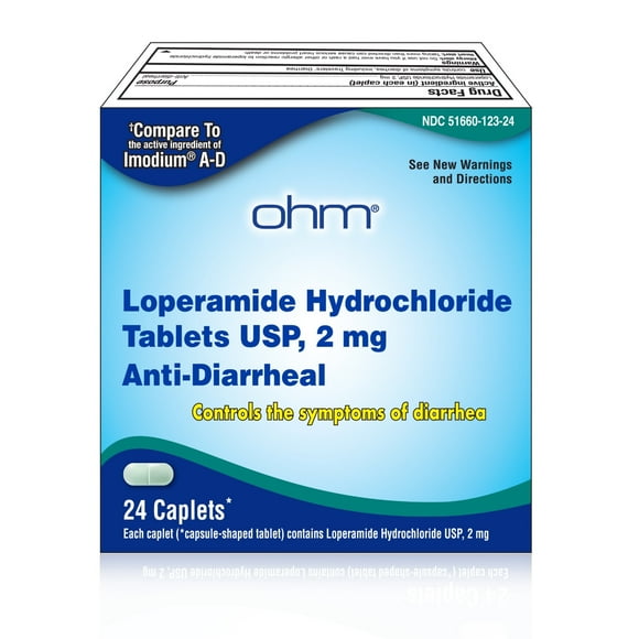 Ohm Loperamide Hydrochloride caplets, 2 mg, Anti-Diarrheal, 24 Count