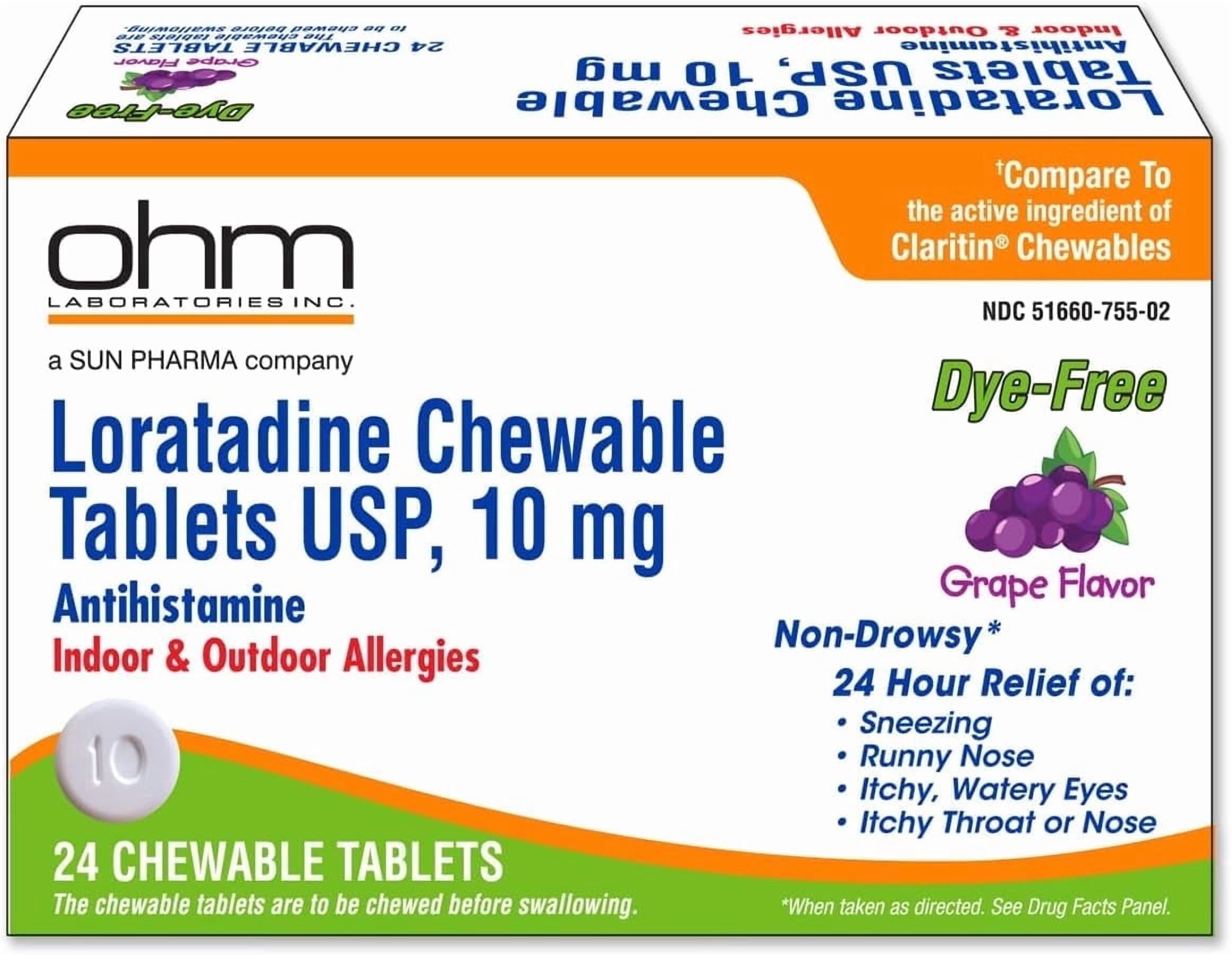 Ohm Loratadine Chewable Tablets 10mg  24 Count | Non-Drowsy Antihistamine for Indoor & Outdoor Allergies | Grape Flavor, Dye-Free