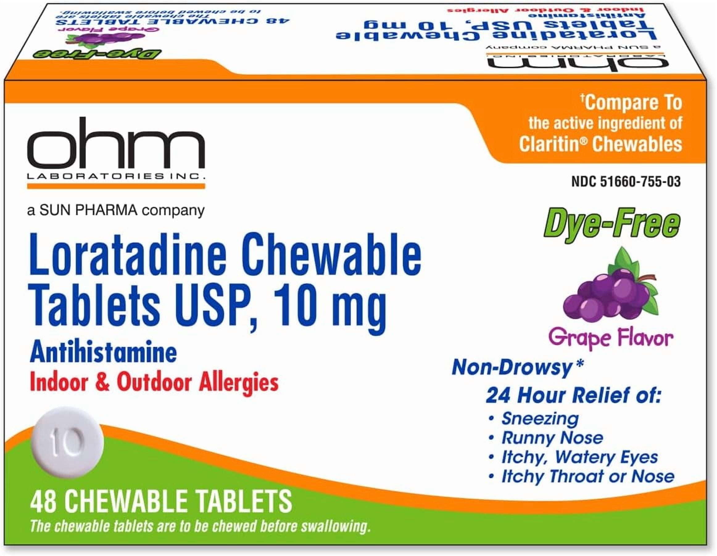Ohm Loratadine Chewable Tablets 10mg  48 Count | Non-Drowsy Antihistamine for Indoor & Outdoor Allergies | Grape Flavor, Dye-Free