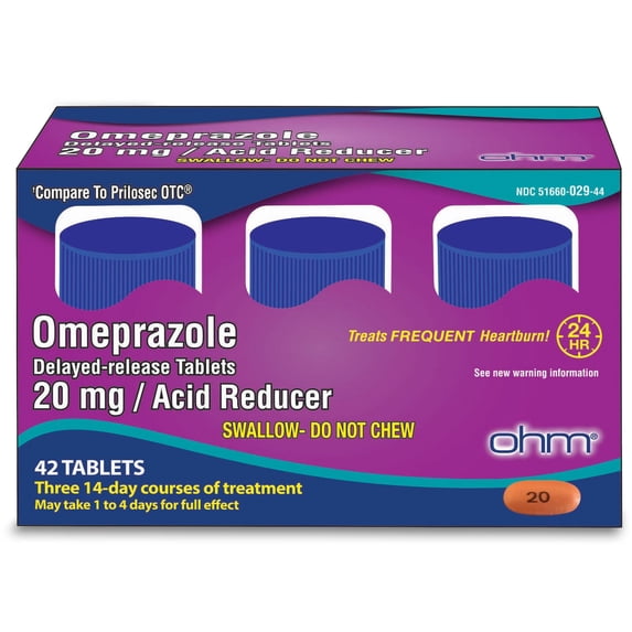 Ohm Omeprazole 20mg, 42 Delayed-Release Tablets, Acid Reducer for Frequent Heartburn, 24-Hour Relief Heartburn Medicine, Helps Relieve Stomach & Chest Discomfort (6 Weeks of Supply, 42, Count)
