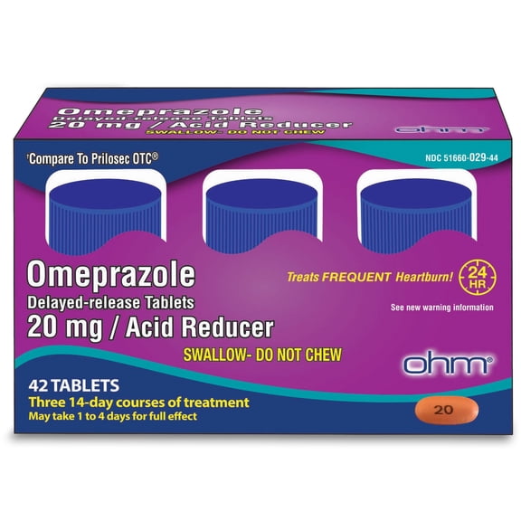 Ohm Omeprazole 20mg, 42 Delayed-Release Tablets, Acid Reducer for Frequent Heartburn, 24-Hour Relief Heartburn Medicine, Helps Relieve Stomach & Chest Discomfort (6 Weeks of Supply, 42, Count)