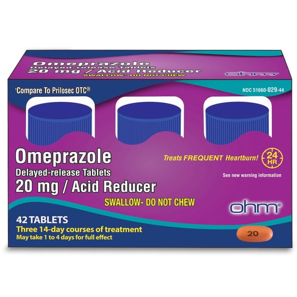 Ohm Omeprazole 20mg, 42 Delayed-Release Tablets, Acid Reducer for Frequent Heartburn, 24-Hour Relief Heartburn Medicine, Helps Relieve Stomach & Chest Discomfort (6 Weeks of Supply, 42, Count)