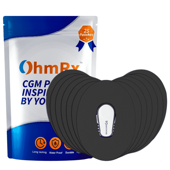 OhmRx Dexcom G6 Adhesive Patches – Waterproof, Hypoallergenic, Pre‑Cut Overpatches for Secure Sensor Wear, Black, 25‑Pack