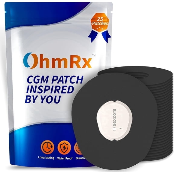 OhmRx Dexcom G7 & Stelo Adhesive Patches – Waterproof, Pre‑Cut Black Overpatches, 25‑Pack
