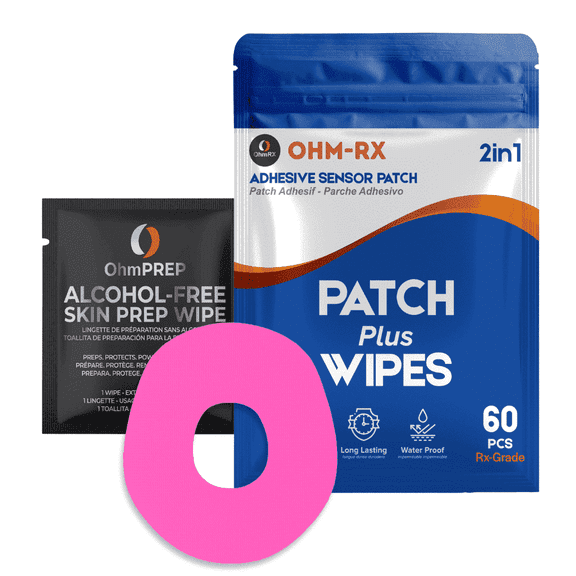 OhmRx Dexcom G7 & Stelo Adhesive Patch + OHM PREP Skin Prep Wipe – Waterproof, Pre‑Cut Pink Patch Combo, 25‑Pack