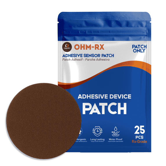 OhmRx Libre 3, Libre 3 Plus & Lingo Sensor Covers – Waterproof CGM Overpatch, Hypoallergenic, No‑Cut Pre‑Cut Design, 25‑Pack (Brown)