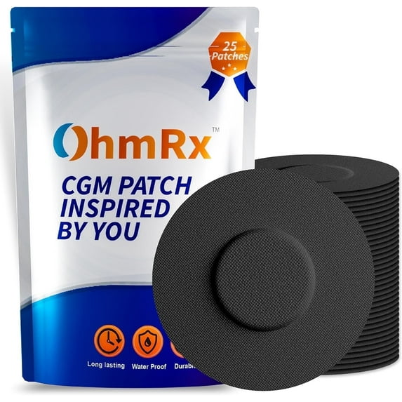 OhmRx Freestyle Libre 3 / Lingo Sensor Covers – Waterproof, Hypoallergenic, Latex-Free, No-Cut CGM Adhesive Patches (25 Pack, Black, 10–14 Day Wear, FSA/HSA Eligible)