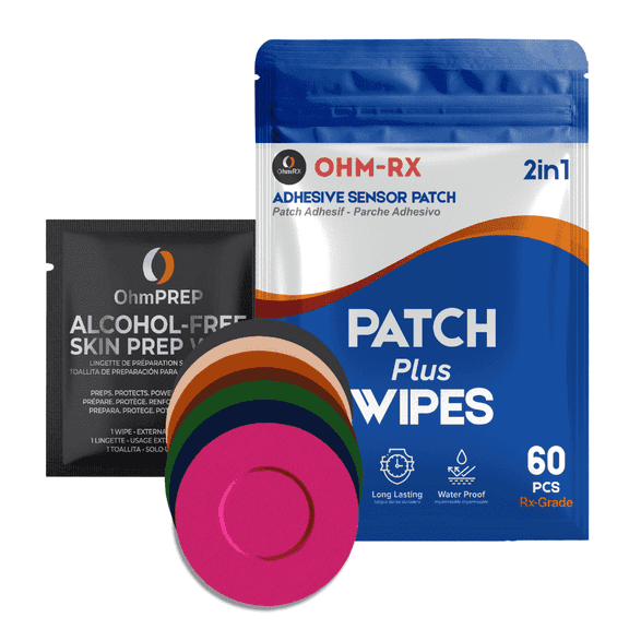 OhmRx Libre 3 & Libre 3 Plus Adhesive Patch + OHM PREP Skin Prep Wipe – Waterproof CGM Overpatch Combo Pack, Hypoallergenic, Pre‑Cut Design (Mix, 2‑in‑1 Set)