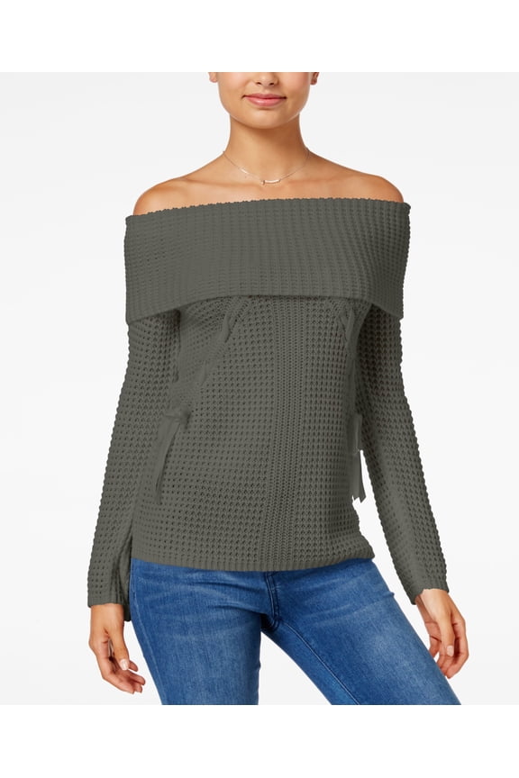 Ohmg Juniors Lace Up Off The Shoulder Sweater Dusty Olive XS