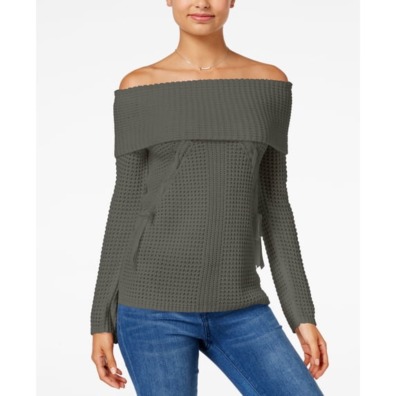 Ohmg Juniors Lace Up Off The Shoulder Sweater Dusty Olive XS