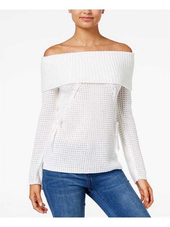 Ohmg Juniors' Lace-Up Off-The-Shoulder Sweater Ivory L