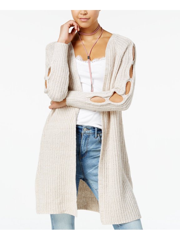 Ohmg Juniors Peekaboo Sleeve Sweater Jacket Off-White Oatmeal L