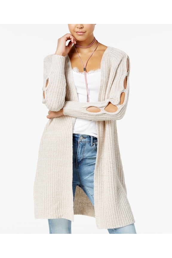 Ohmg Juniors Peekaboo Sleeve Sweater Jacket Off-White Oatmeal L