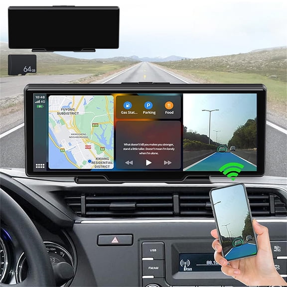 Ohmyroo 10.26-Inch Touchscreen Auto Dash Cam With GPS Navigation Voice Control And 64GB Card Black