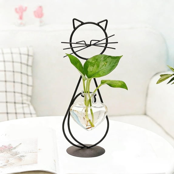 Ohmyroo 11.22 Inch Metal Cat Silhouette Hydroponic Vase Clear Glass Container For Living Room Decor