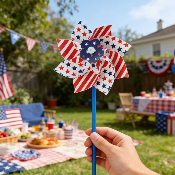 Ohmyroo 13.77 Inch Patriotic Windmill Star Striped Pinwheel Plastic Spinner For Yard Garden Summer Celebration