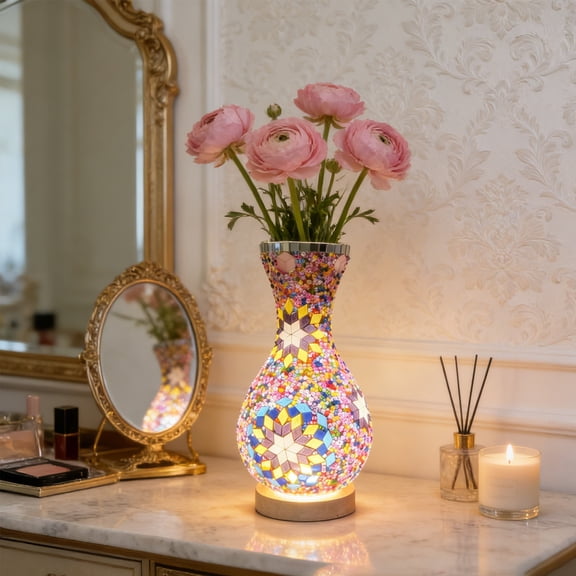Ohmyroo 13.77 Inch USB Night Light Vase Colorful Glass Flora Container For Bedroom Decor