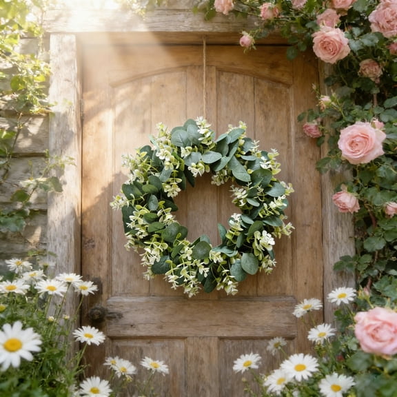 Ohmyroo 14 Inch Artificial Eucalyptus Greenery Floral Wreath for Front Door Window Wall Hanging Farmhouse Decor