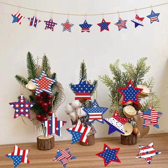Ohmyroo 2.15 Inch Wood Star Hanging Ornaments 10Pcs with Jute Cord for Men Women USA Party Holiday Decor Tree Garland