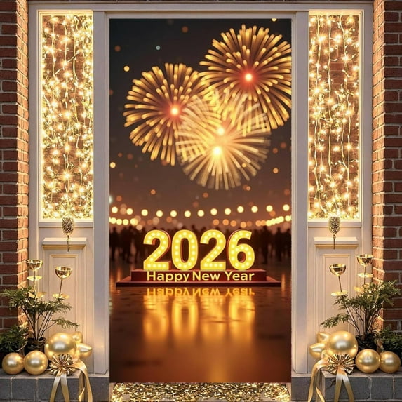 Ohmyroo 2026 New Year Happy Door Curtain Screen with Themed Pattern for Holiday Decor