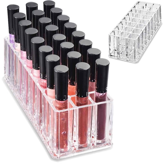 Ohmyroo 24 Compartment Lipstick Organizer Clear Acrylic Display Stand for Women Vanity Table Cosmetic Storage Holder Elegant Holiday Present