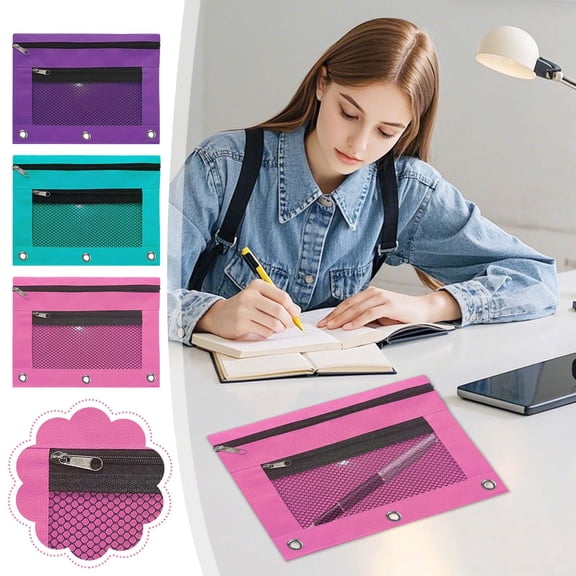 Ohmyroo 3 Ring Binder Pencil Pouch Large Capacity Zippered Pen Case 9.8x7.0 Inch Oxford Cloth Storage Bag For And Office
