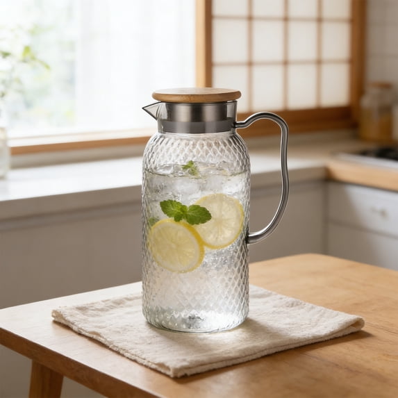 Ohmyroo 34 Oz Diamond Pattern Beverage Pitcher with Natural Wood Lid Clear Water Jug for Home Kitchen Decor