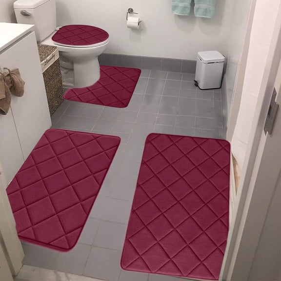 Ohmyroo 4-Piece Bathroom Rug Set Non-Slip Absorbent Checkered Floor Mats Suited to Vanity