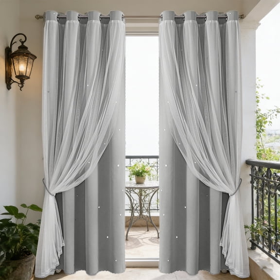 Ohmyroo 52x84 Inch Double Layer Star Cutout Blackout Curtains with Lace Overlay Grommet Drapes for Bedroom
