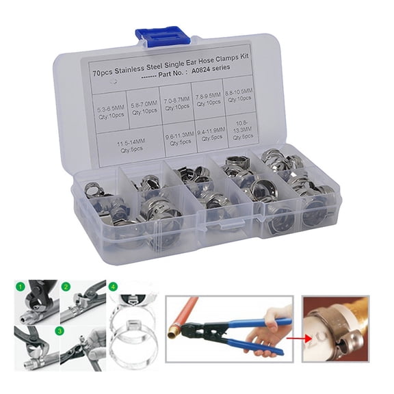 Ohmyroo 70-Piece Stainless Steel Single Ear Hose Clamp Kit Hydraulic O-Clips For Automotive
