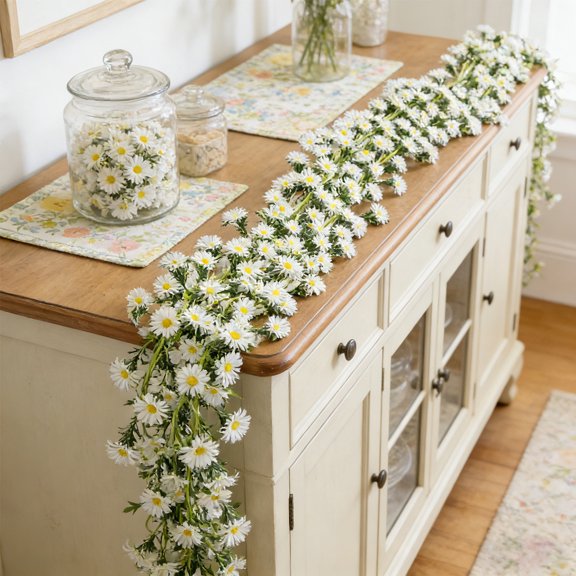 Ohmyroo 71-Inch Artificial Daisy Rattan Garland Realistic White Flower Vine for Wedding Arch and Professional Event Decor