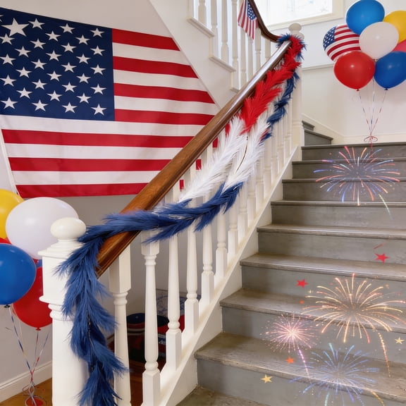 Ohmyroo 71 Inch Patriotic Tinsel Garland, Red White Blue Foil Vine, Mantel Wall Decoration, Independence Day Party Supply