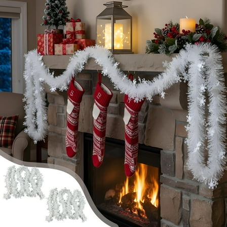 Ohmyroo 9.84-Foot Dense White Snowflake Tinsel Garland Party Streamer Decor For Christmas Home Holiday Scene Decoration