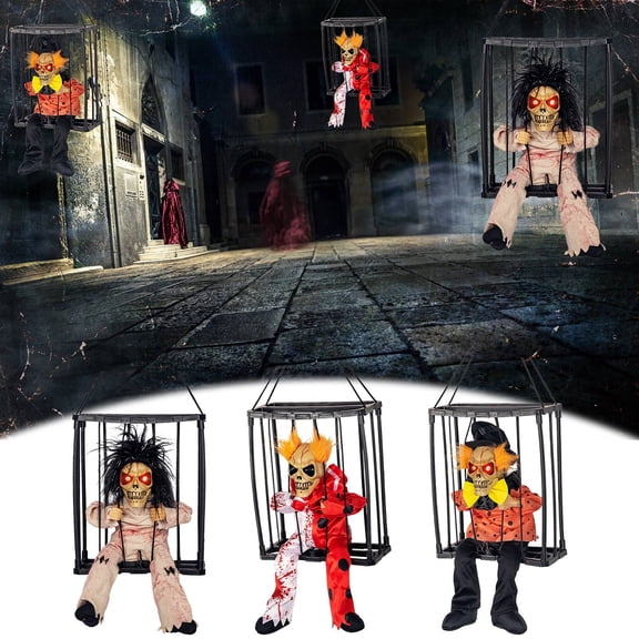 Ohmyroo Animated Prisoner Skeleton Cage Prop 11 Inch Motion Sensor Hanging Decor