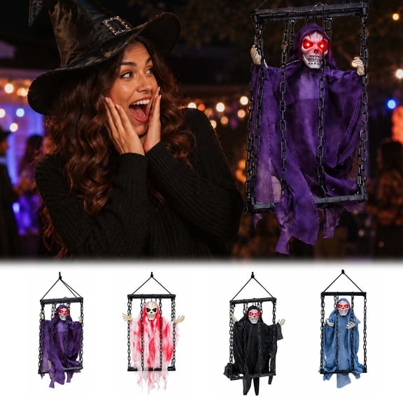 Ohmyroo Animated Skeleton Ghost Cage Decoration 15.7 Inch Prop For Halloween Indoor Decor