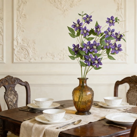 Ohmyroo Artificial Clematis Floral Bouquet Branch for Home Living Room Dining Table Centerpiece Vase Arrangement Decor