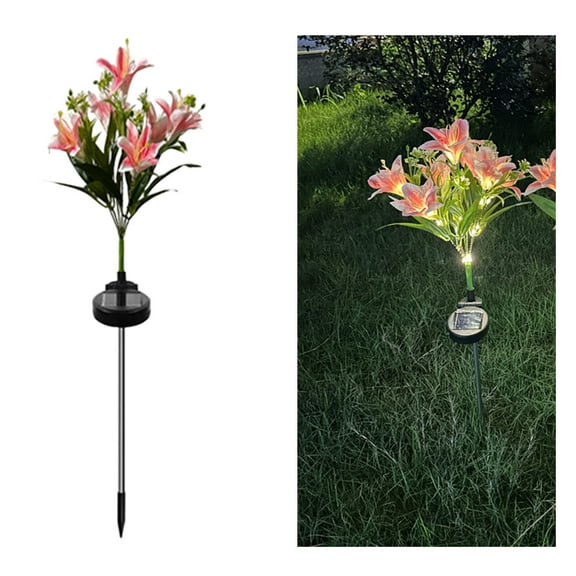 Ohmyroo Artificial Lily Solar Lights 7 Heads Faux Floral Yard Stakes Outdoor Garden Lawn Event Decor
