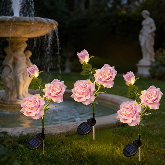 Ohmyroo Artificial Rose Solar Lights Faux Floral Yard Stakes Waterproof Outdoor Garden Lawn Spring Event Decor
