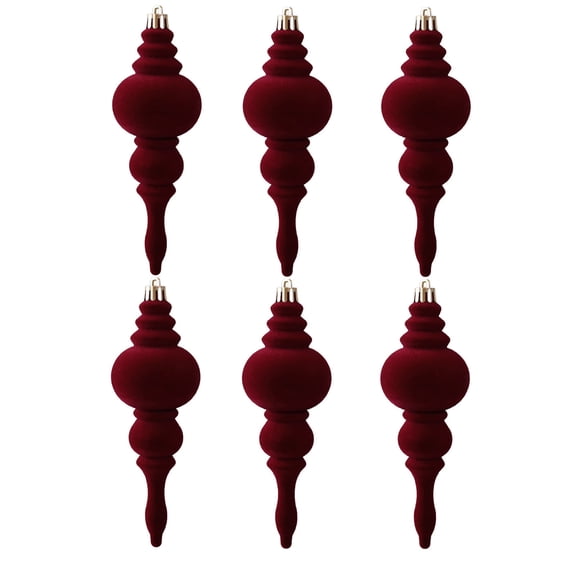Ohmyroo Burgundy Flocked Spindle Christmas Ornaments Set of 6, Velvet Finial Shape Shatterproof Baubles with Hanging Caps, Wine Red Matte Xmas Decor for Wreath Garland Elegant Winter Display