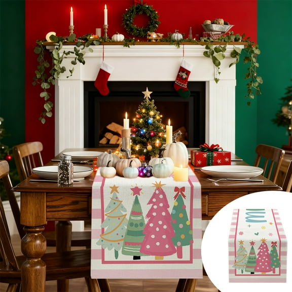Ohmyroo Christmas Tree Snowflakes Winter Table Runner Red Green Themed Festive Decor For Kitchen Restaurant Party Home Holiday Decoration