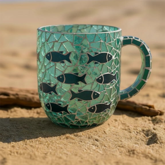Ohmyroo Coastal Mosaic Coffee Mug Ceramic Drinkware with Artistic Pattern Decorative Cup for Kitchen Dining Room Coffee Tea Serving