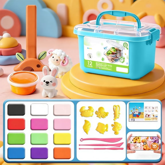 Ohmyroo Creative Light Clay Set with Storage Box 12-Color High-Elasticity Rubber Modeling Clay for Handmade Art