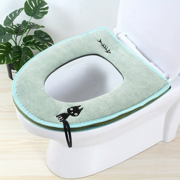 Ohmyroo Crystal Velvet Cat Pattern Zipper Toilet Seat Cover for Home Bathroom Soft Warm Anti Slip