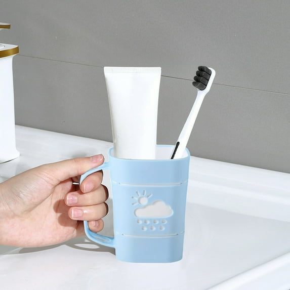 Ohmyroo Cute Rain Pattern Toothbrush Cup, Plastic Bathroom Mouthwash Cup with Handle, Couple's Toothbrush Holder, Drainable Design for Sink