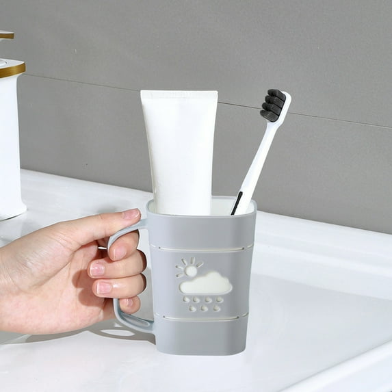 Ohmyroo Cute Rain Pattern Toothbrush Cup, Plastic Bathroom Mouthwash Cup with Handle, Couple's Toothbrush Holder, Drainable Design for Sink