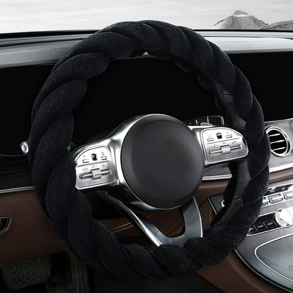 Ohmyroo D-Shape Car Steering Wheel Cover Warm Plush Non Slip Protector for 14-15 Inch Wheels