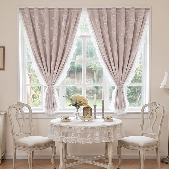 Ohmyroo No Drill Self Adhesive Double Layer Curtains, Ruffled Lace Sheer Overlay Window Drapes, Hook and Loop Light Blocking Panels for Bedroom Living Room