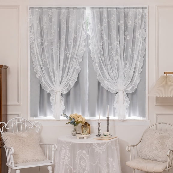 Ohmyroo No Drill Self Adhesive Double Layer Curtains, Ruffled Lace Sheer Overlay Window Drapes, Hook and Loop Light Blocking Panels for Bedroom Living Room