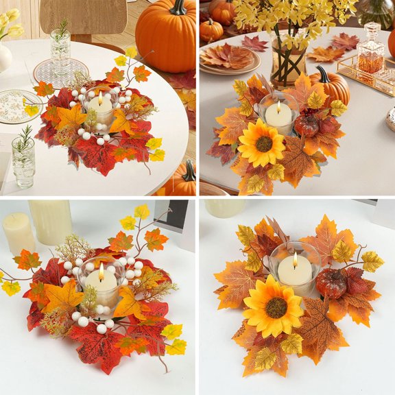 Ohmyroo Faux Maple Leaf Candle Wreath, 13.78 In Pumpkin Berry Table Ring